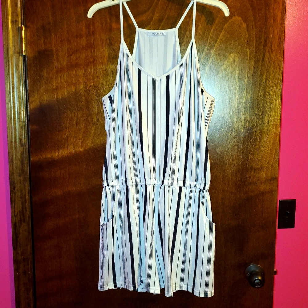 Black & White striped romper with pockets.